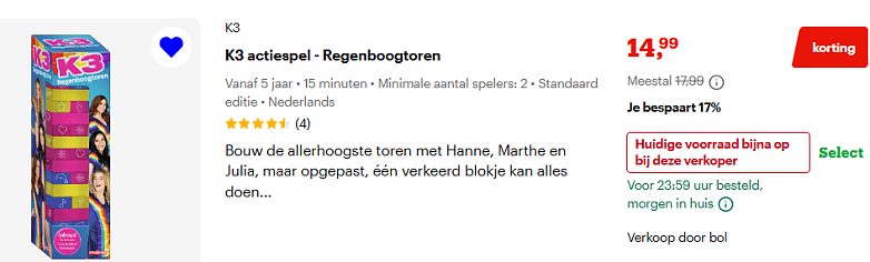 K3 Regenboogtoren spel goedkoopst bij Bol