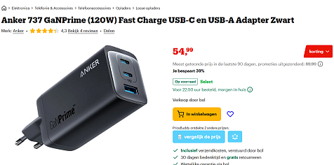 Anker 737 GaNPrime Snellader met twee USB-C poorten en één USB-A poort voor telefoon, laptop, MacBook of tablet