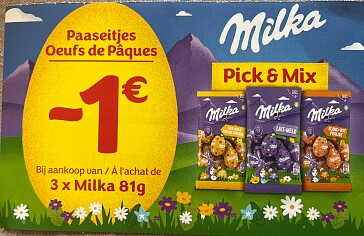 Coupon -1,00€ op Milka paaseitjes 81 gram zakjes bij Delhaize