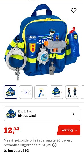 Klein Toys politieagent rugzak - 28x25x8,5 cm - incl. accessoires, verstelbare riemen -39%