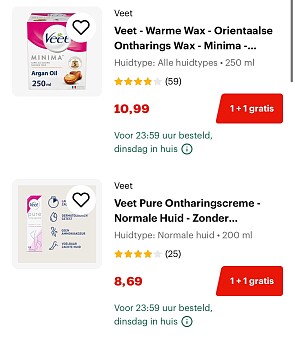 1 + 1 gratis op Veet artikelen