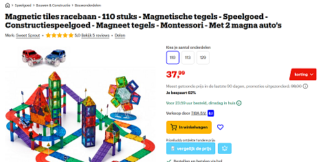 Magnetic tiles racebaan - 110 stuks