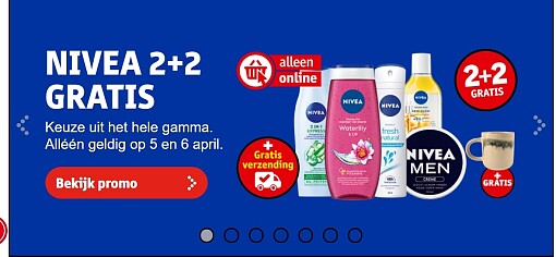 Op paaszondag en paasmaandag 2+2 gratis op Nivea producten op Kruidvat.be