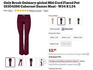 Only Broek Onlmary-global Cabernet Dames Maat - W34 X L34 -73%