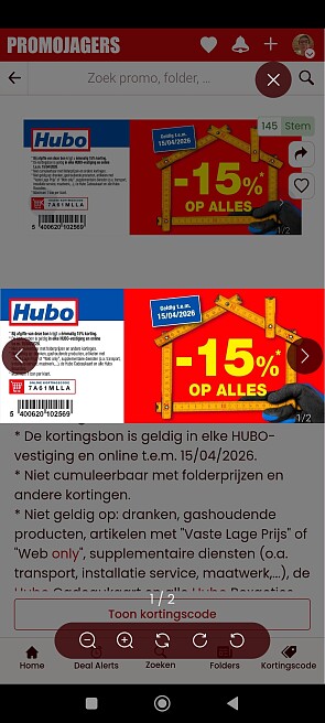 15% korting hubo
