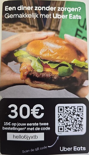 Uber Eats: 30€ korting (15€ op de 1ste 2 bestellingen)