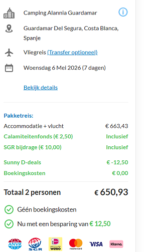 Reisdeal gespot: Camping Alannia Guardamar - 6 mei (inclusief vlucht en ontbijt): 325 euro pp!