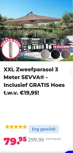 XXL Zweefparasol 3 Meter SEVVA® - Inclusief GRATIS Hoes t.w.v. €19,95!