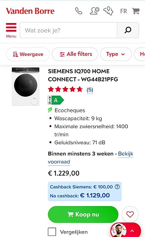 Cashback tot €350 bij Vanden Borre op Siemens toestellen