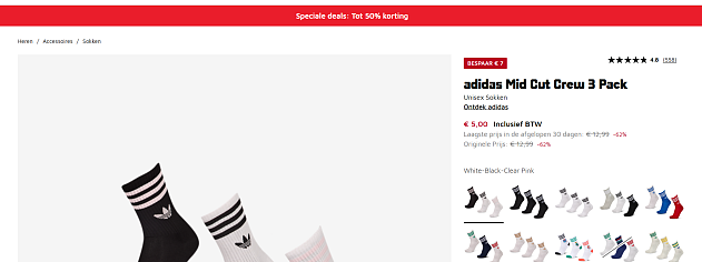 adidas Mid Cut Crew 3 Pack White-Black-Clear Pink - sokken