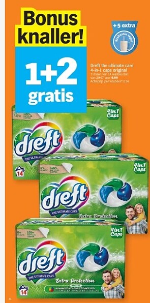 Dreft ultimate care 4 in 1 caps 1+2 gratis bij ah