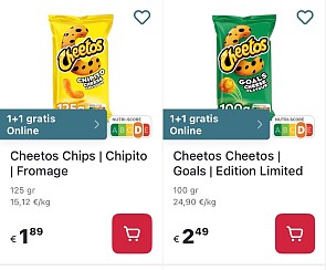 Cheetos chips 1+1 gratis op Delhaize.be