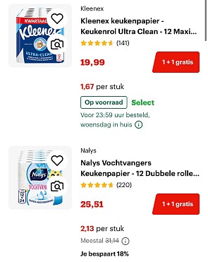 1+1 gratis op Page, Nalys, Kleenex en Edet