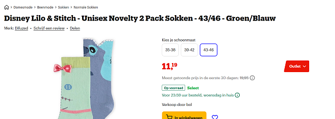 Disney Lilo & Stitch - Unisex Novelty 2 Pack Sokken - 43/46 - Groen/Blauw