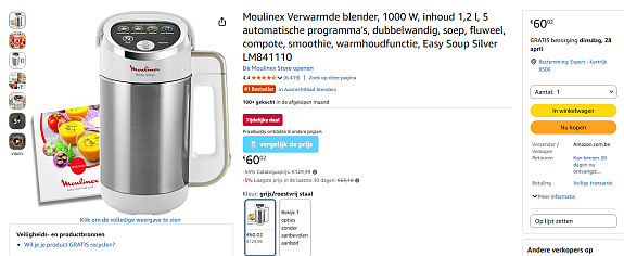 Moulinex soepmaker met 54% korting bij Amazon BE