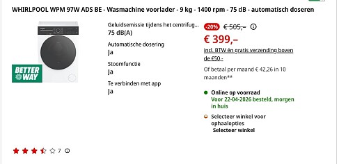 WHIRLPOOL Wasmachine 9kg -20%