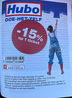 15% korting op 1 ticket bij Hubo