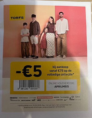 5€ korting vanaf 75€ op de volledige collectie op Torfs.be