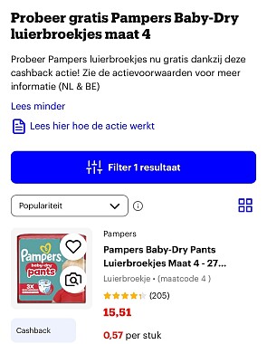 Cashback pampers luierbroekjes maat 4