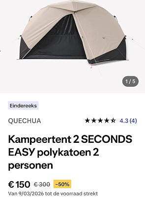 QUECHUA Kampeertent 2 SECONDS EASY polykatoen 2 personen € 150
