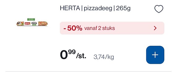 Herta pizzadeeg 265 gram 2 voor 0,99€