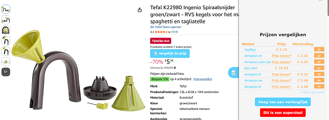 Tefal spiraalsnijder nu voor 5.10€ ipv 16.99€