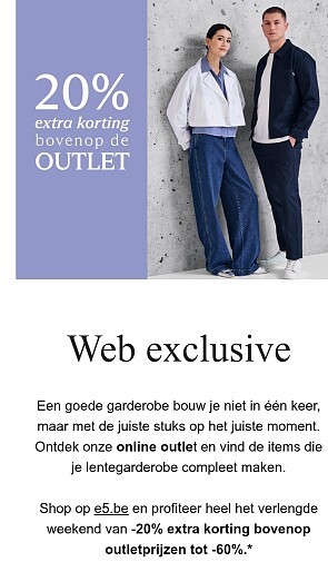 E5.be: 20% extra korting bovenop de online outletkortingen tot -60%