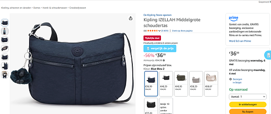 Kipling shoudertas blauw