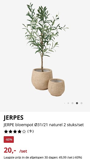JERPE bloempot Ø31/21 naturel 2 stuks/set -60%