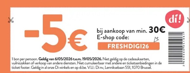 -5€ bij aankoop van 30€ bij Di