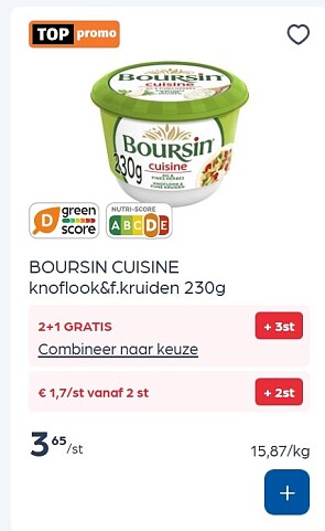 Boursin cuisine knoflook&fijne kruiden 230 gram met mooie korting