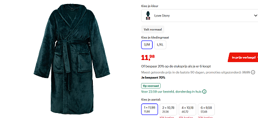 Badjas alle kleuren in maat nu voor 11.98€ en alle maten