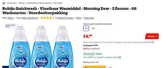 Robijn Quickwash - Vloeibaar Wasmiddel - Morning Dew - 3 flessen - 66 Wasbeurten - Voordeelverpakking