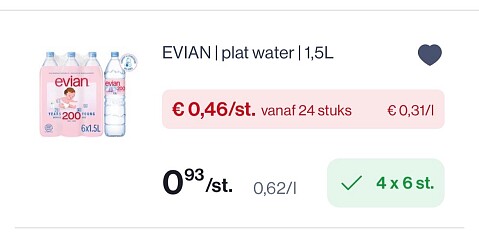 Evian plat water 1,5 l voor slechts 0,46€/stuk