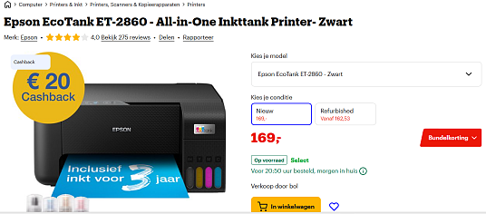 Epson EcoTank ET-2860 - All-in-One Inkttank Printer- korting en cashback