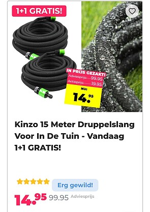 Kinzo 15 meter druppelslang. Nu 1+1 gratis!