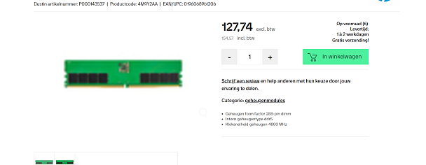 HP 32 GB DDR5 (1x32 GB) 4800 UDIMM NECC-geheugen RAM-geheugen (67% korting)
