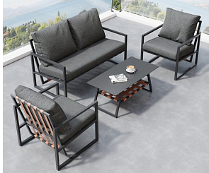 Tuinmeubelset voor 399.99€ met kussens en salontafel in zwart en acacia verkrijgbaar