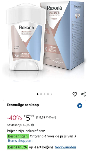 Rexona deo's goedkoper en 3+1 gratis