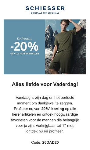 Schiesser: 20% korting op alle herenartikelen