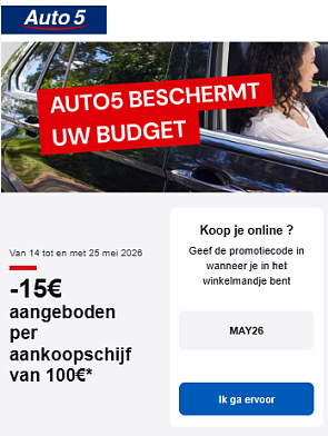 Auto5: €15 korting per aankoopschijf van €100