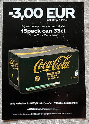 Cola coupon -3,00€ op blikjes 33 cl aan kassa bij Colruyt