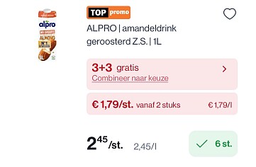 Alpro amandeldrink geroosterd z.s 1L in promo