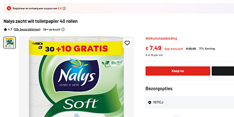 40 rollen Nalys toiletpapier voor 7,49 euro (€ 0,19 per rol)