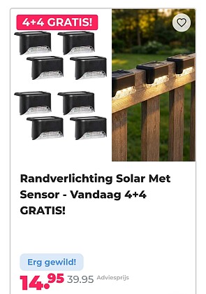 Randverlichting solar met sensor. Nu 4+4 gratis