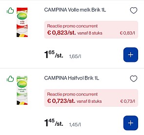 Campina melk brickpack 1L -50% bij okay