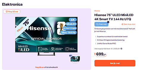 Hisense 75" ULED MiniLED 4K Smart TV 144 Hz U7Q