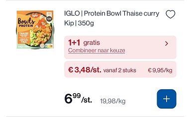 Iglo proteïne bowl Thaise curry kip 350 gram in promo
