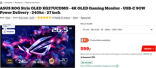 ASUS ROG Strix OLED XG27UCDMG - 4K OLED Gaming Monitor - USB-C 90W Power Delivery - 240hz - 27 inch