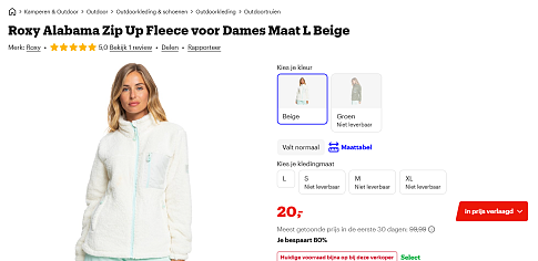 Roxy Alabama Zip Up Fleece voor Dames Maat L Beige